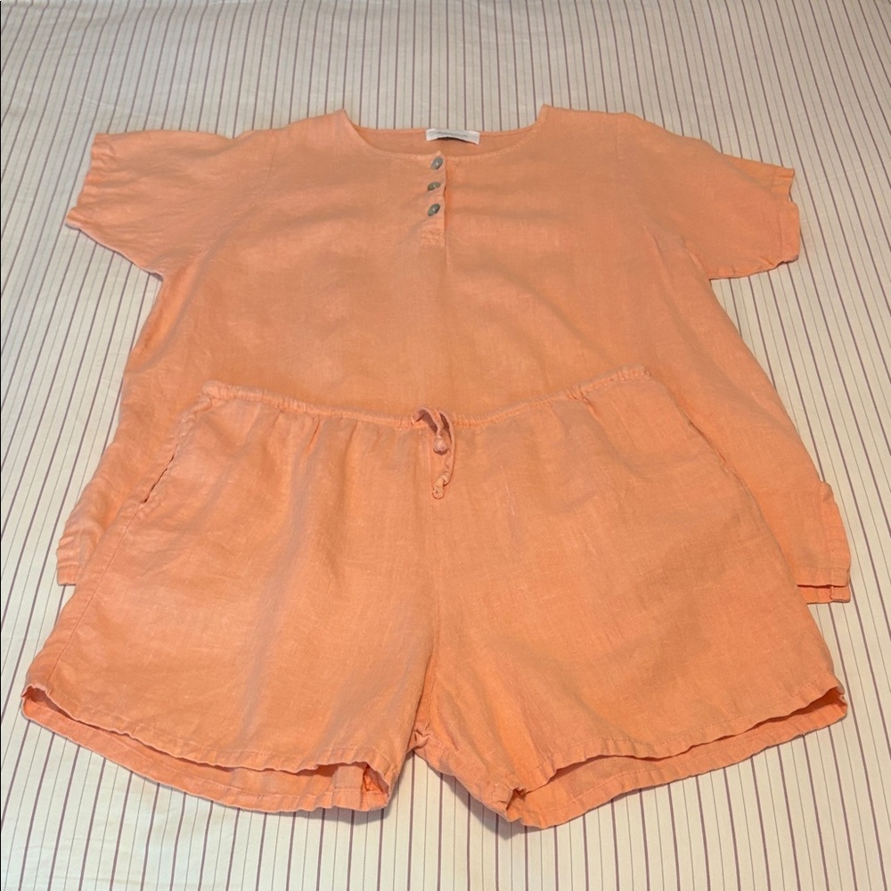 Vintage 100% Linen Peach Button-Up Top and Shorts Set